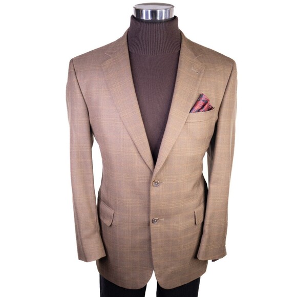 Jos A Bank Blazer Sz 42R Windowpane Beige Sports Coat Suit Jacket Wool/Silk EUC - Picture 2 of 14